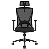 Durrafy Chaise Bureau Ergonomique, Chaise de Bureau avec Roullettes, Fauteuil de Bureau Appuie-Tête et Accoudoir Réglables, Maille Respirante, Support Lombaire Réglable, Roulement 150KG